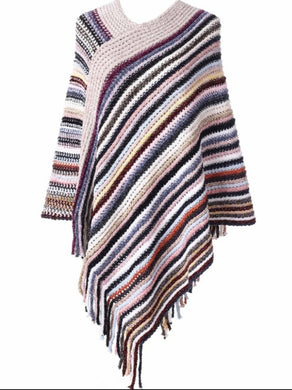 Stripe Pattern Fringe Poncho Zizu 