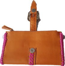 Load image into Gallery viewer, Esmeralda Clutch Bag Tan Fuchsia Celestial Gypsy The Label 