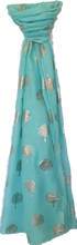 Load image into Gallery viewer, Teal Scarf With Rose Gold Metallic Tree Pattern IVYS