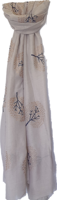 Grey Scarf With Rose Gold Metallic And Navy Tree Pattern IVYS