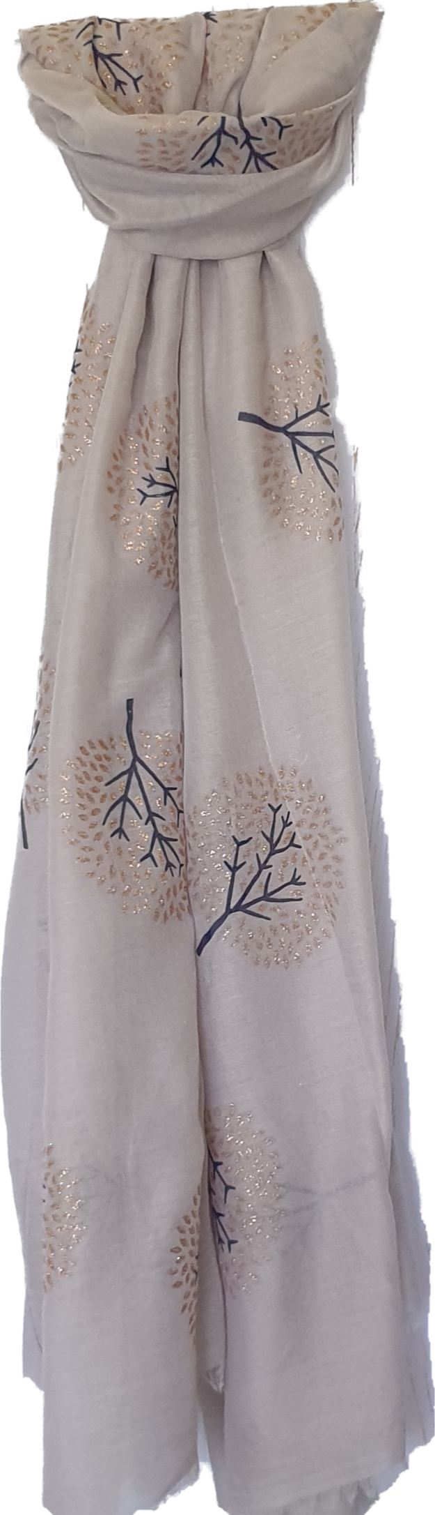 Grey Scarf With Rose Gold Metallic And Navy Tree Pattern IVYS
