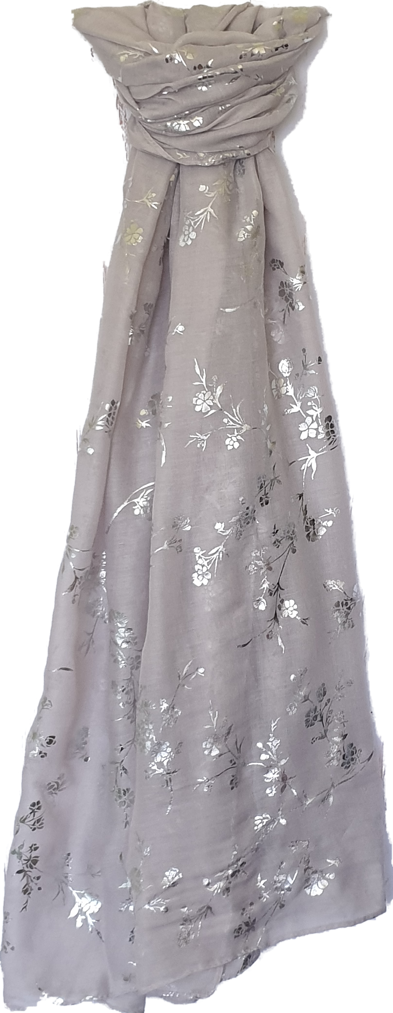 Smoke Grey Scarf With Silver Foil Flower Branch Pattern Deco