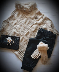 Knit Poncho With Faux Fur Neck Trim IVYS 
