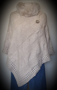 Knit Poncho With Faux Fur Neck Trim IVYS 