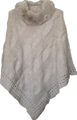 Knit Poncho With Faux Fur Neck Trim IVYS