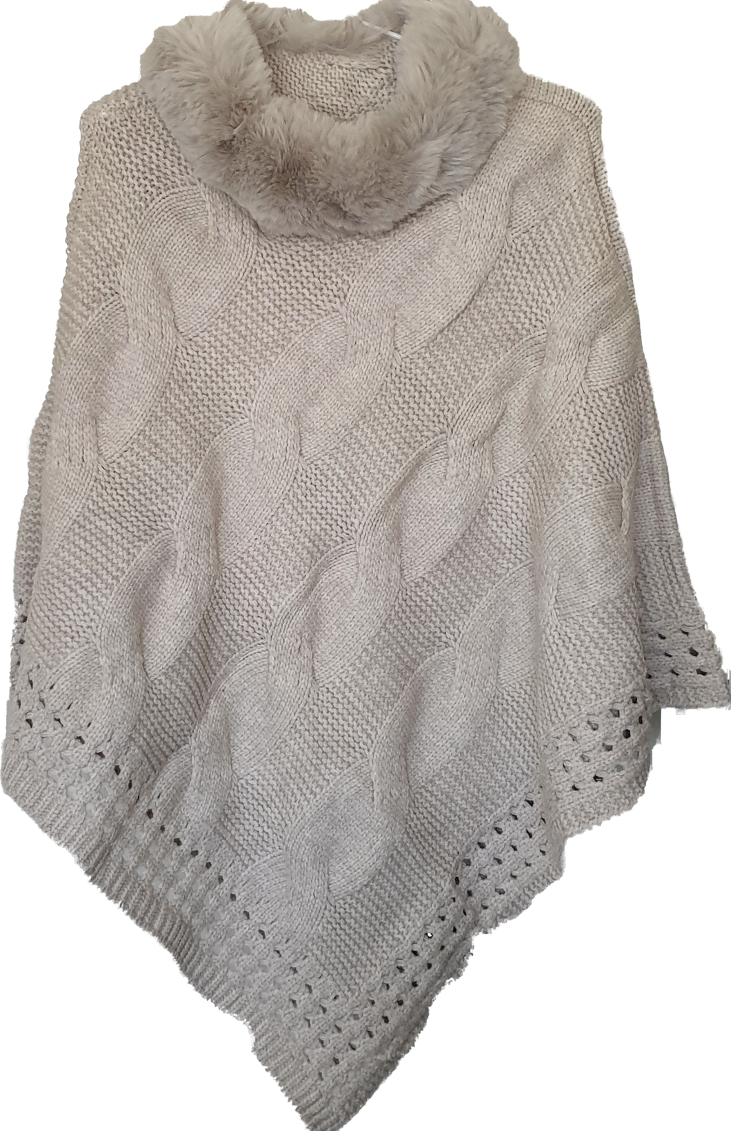 Knit Poncho With Faux Fur Neck Trim IVYS