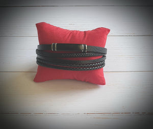 Black Leather And Stainless Steel Multi Strand Men's Bracelet Blaze 