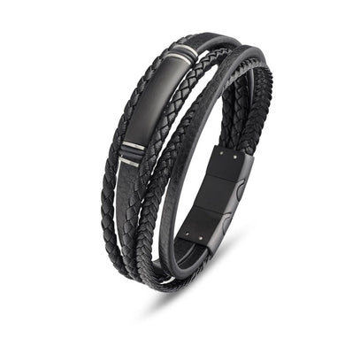 Black Leather And Stainless Steel Multi Strand Men's Bracelet Blaze