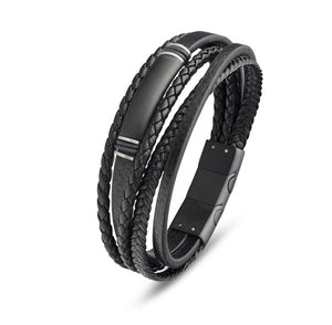Black Leather And Stainless Steel Multi Strand Men's Bracelet Blaze