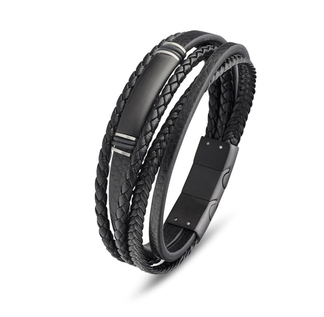 Black Leather And Stainless Steel Multi Strand Men's Bracelet Blaze
