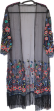 Load image into Gallery viewer, Embroidered Mesh Kimono With Fringe Detail