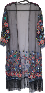 Embroidered Mesh Kimono With Fringe Detail