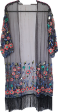 Load image into Gallery viewer, Embroidered Mesh Kimono With Fringe Detail 