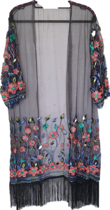 Embroidered Mesh Kimono With Fringe Detail 