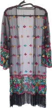 Load image into Gallery viewer, Embroidered Mesh Kimono With Fringe Detail 