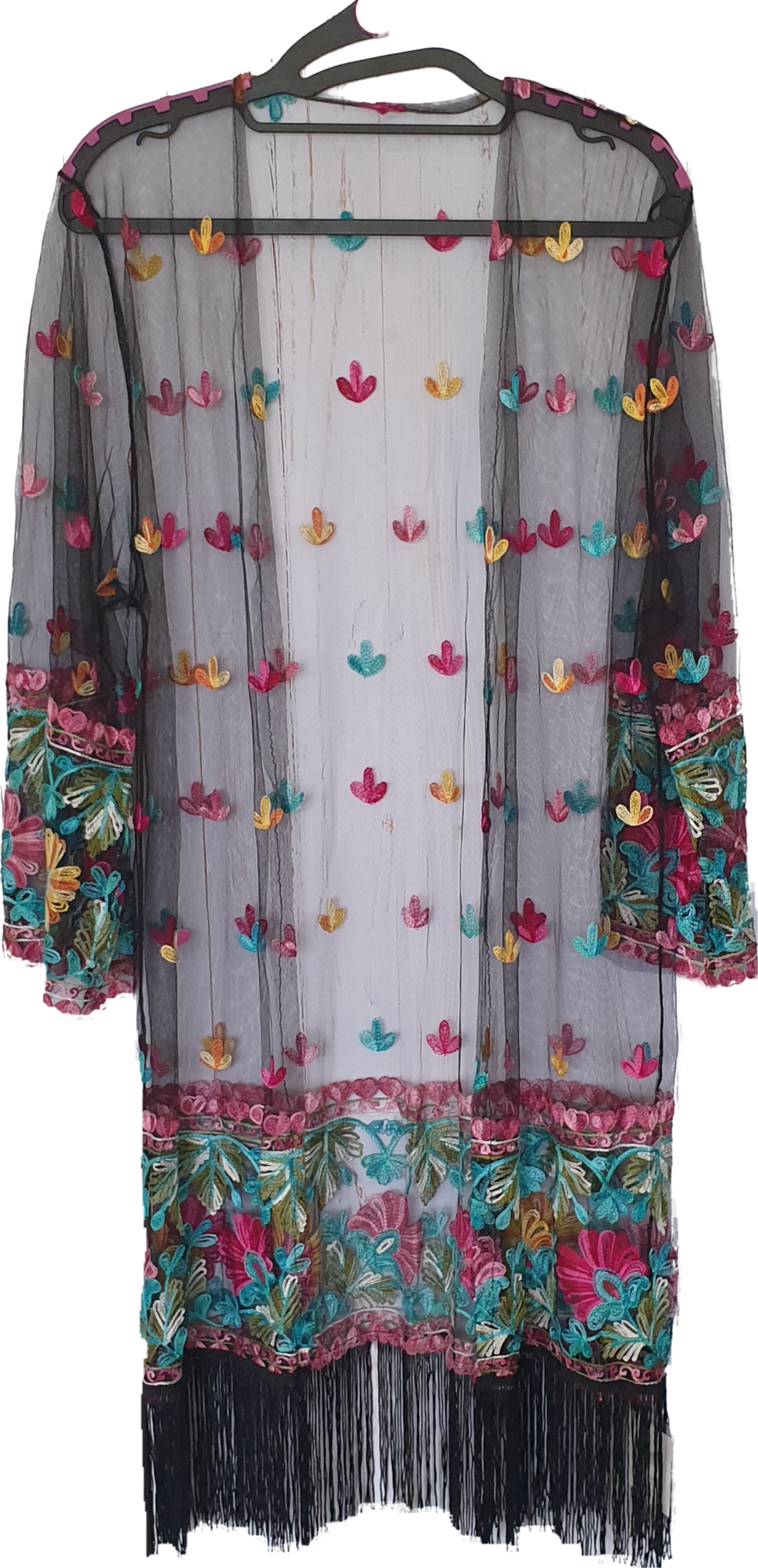 Embroidered Mesh Kimono With Fringe Detail 
