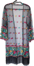Load image into Gallery viewer, Embroidered Mesh Kimono With Fringe Detail 