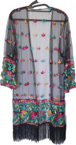 Embroidered Mesh Kimono With Fringe Detail 