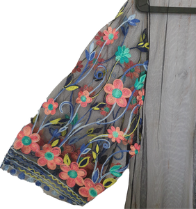 Embroidered Mesh Kimono With Fringe Detail 