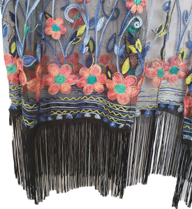 Embroidered Mesh Kimono With Fringe Detail 