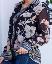 Load image into Gallery viewer, Flora Button Front Shirt With Border Trim Print Grace &amp; Co