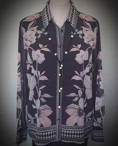 Flora Button Front Shirt With Border Trim Print Grace & Co