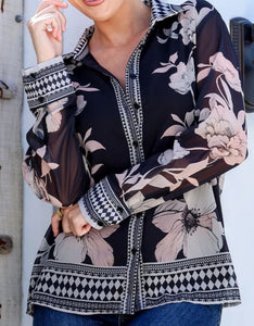 Flora Button Front Shirt With Border Trim Print Grace & Co