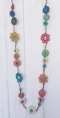 Beaded Floral And Wooden Disc Long Necklace  Cinnamon Creations 