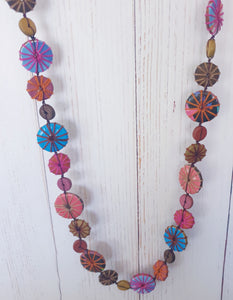 Multi Coloured Round Wooden Disc Long Necklace Cinnamon Creations 