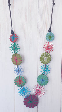 Multi Coloured Wooden Flower Disc Necklace Cinnamon Creations 
