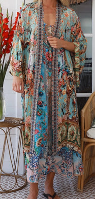 Vintage Inspired Floral Print Kimono Peacock Feather Resort Luxe Collection 