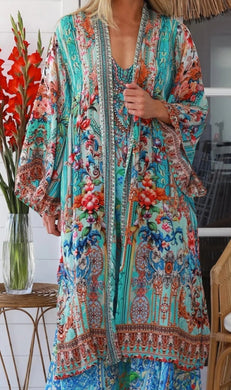 Vintage Inspired Crane Print Kimono Peacock Feather Resort Luxe Collection 