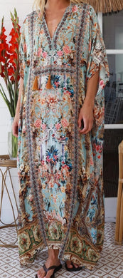 Vintage Inspired Floral Print Kaftan Peacock Feather Resort Luxe Collection 