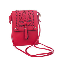 Load image into Gallery viewer, Red crossbody bag with bow detail on a white background IVYS