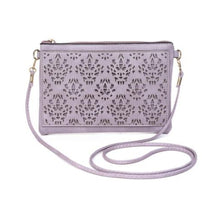Load image into Gallery viewer, Lilac handbag with intricate cut-out pattern on a white background IVYS