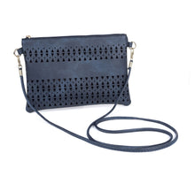 Load image into Gallery viewer, Navy crossbody bag with geometric cut-out design on a white background IVYS