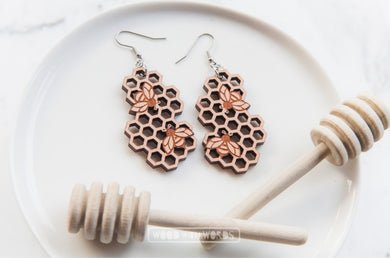 Wood with Words Honeycomb Bee Dangle Earrings