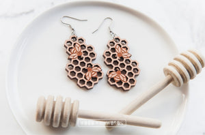 Wood with Words Honeycomb Bee Dangle Earrings