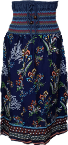 Shirred Wide Waist Navy Retro Print Skirt