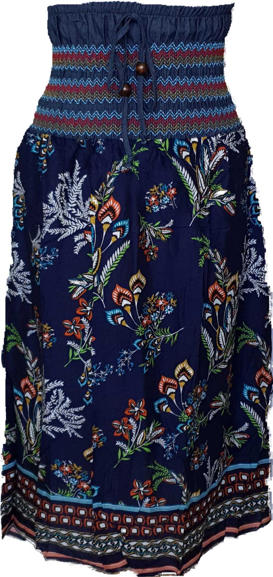 Shirred Wide Waist Navy Retro Print Skirt
