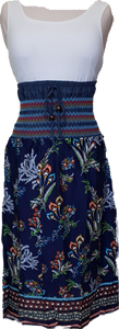 Shirred Wide Waist Navy Retro Print Skirt