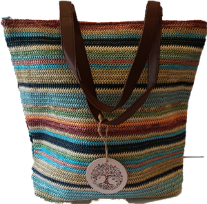Stripe Straw Tote Bag Blues Multi