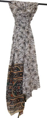 Floral Print Scarf With Mixed  Print Border Ivory