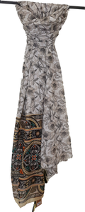 Floral Print Scarf With Mixed  Print Border Ivory