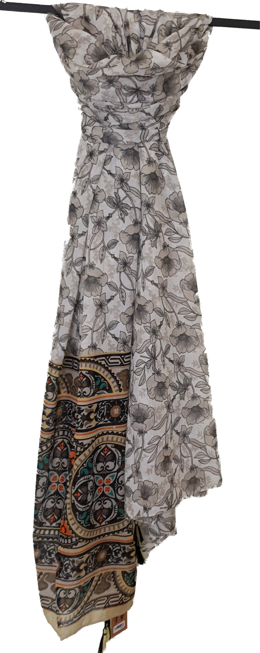 Floral Print Scarf With Mixed  Print Border Ivory