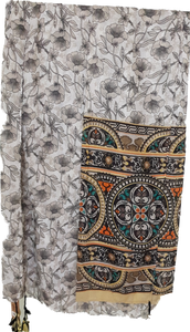 Floral Print Scarf With Mixed  Print Border Ivory