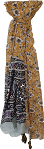 Floral Print Scarf With Mixed  Print Border Mustard