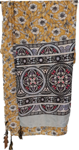 Floral Print Scarf With Mixed  Print Border Mustard
