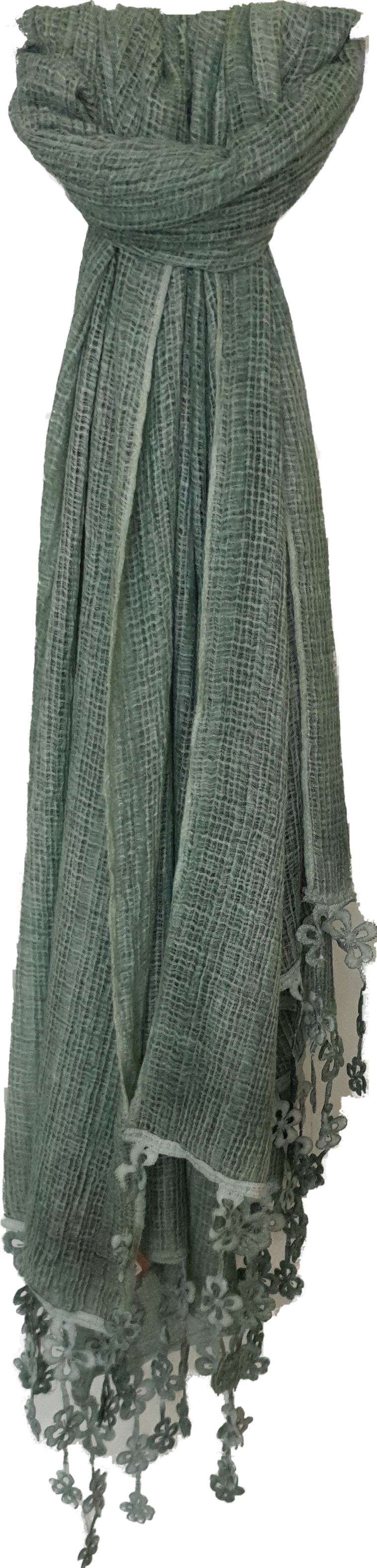 Green Scarf With Flower Fringe Detail