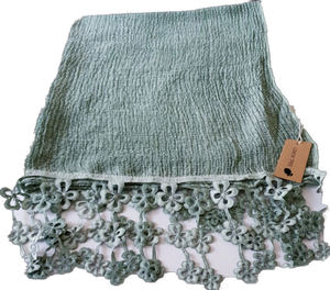 Green Scarf With Flower Fringe Detail